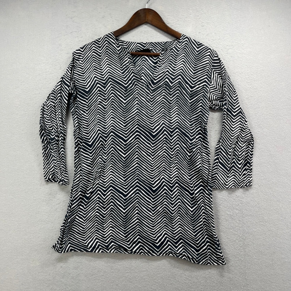 KikiSol Tunic Top Women 19x26.5 Black White Chevron V Neck 3/4 Sleeve Boho